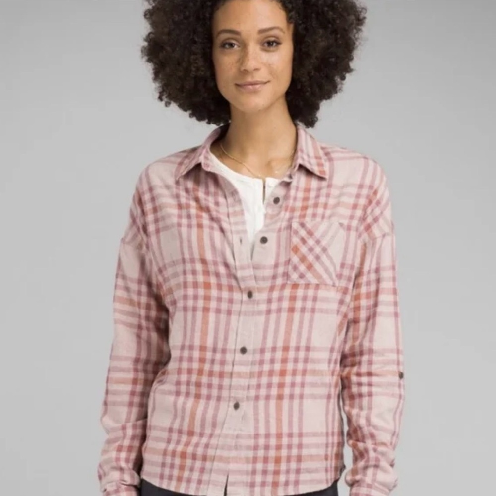 Prana Percy Mauve Plaid Flannel Button Down Outdoor Hiking Size XS.